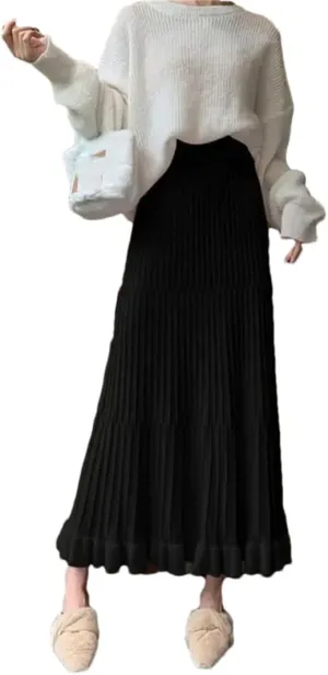 Women's Knitted Pleated Skirt Stretch High Waist Patchwork Casual A-Line Midi Skirts
