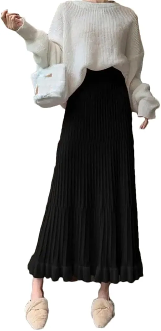 Women's Knitted Pleated Skirt Stretch High Waist Patchwork Casual A-Line Midi Skirts