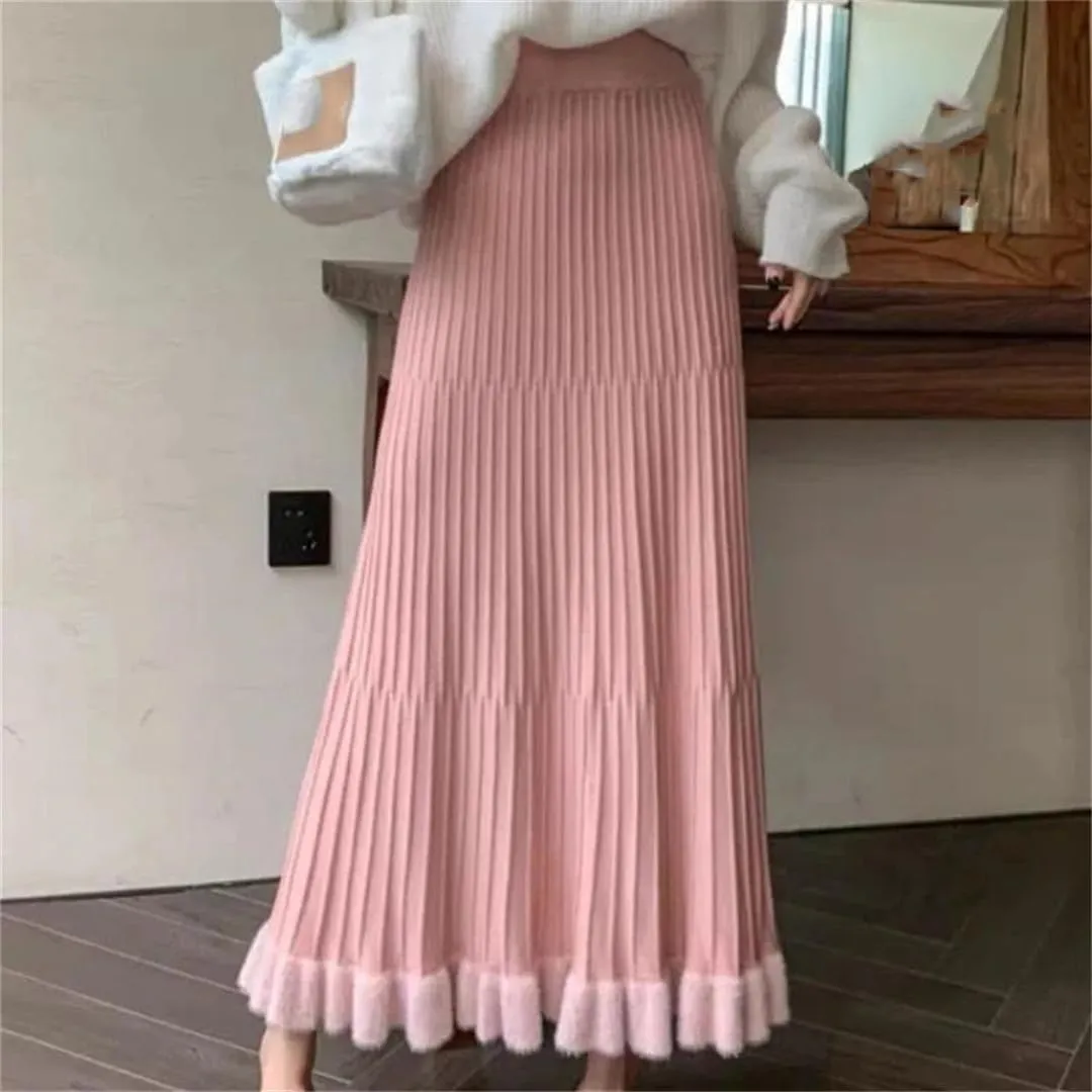 Women's Knitted Pleated Skirt Stretch High Waist Patchwork Casual A-Line Midi Skirts