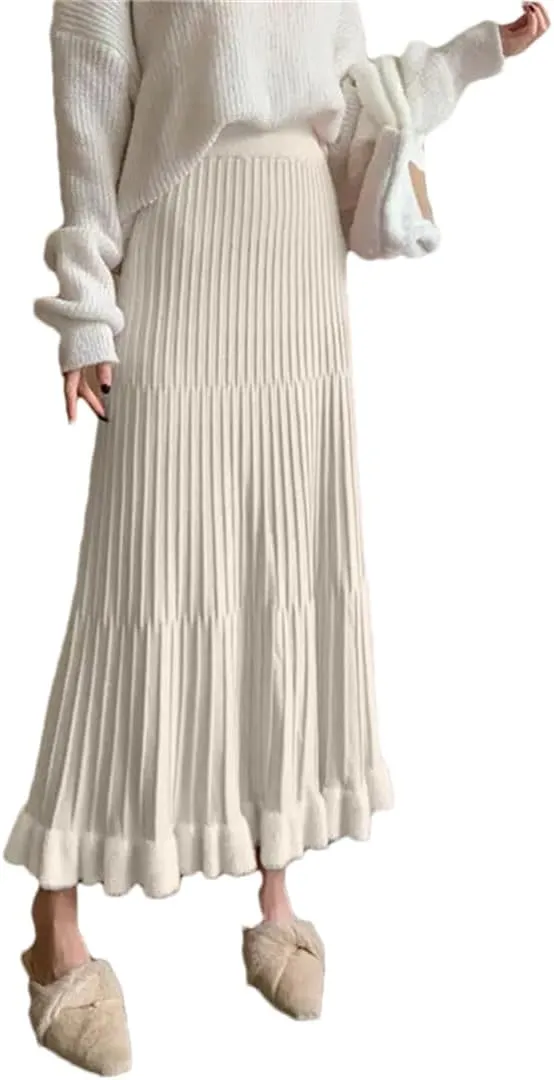 Women's Knitted Pleated Skirt Stretch High Waist Patchwork Casual A-Line Midi Skirts