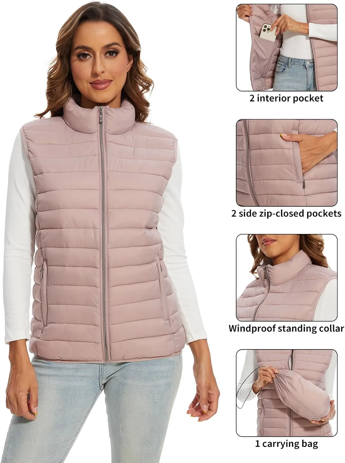 Women's Lightweight Water-Resistant Packable Puffer Vest Sleeveless Quilted Puffer Vest Outerwear