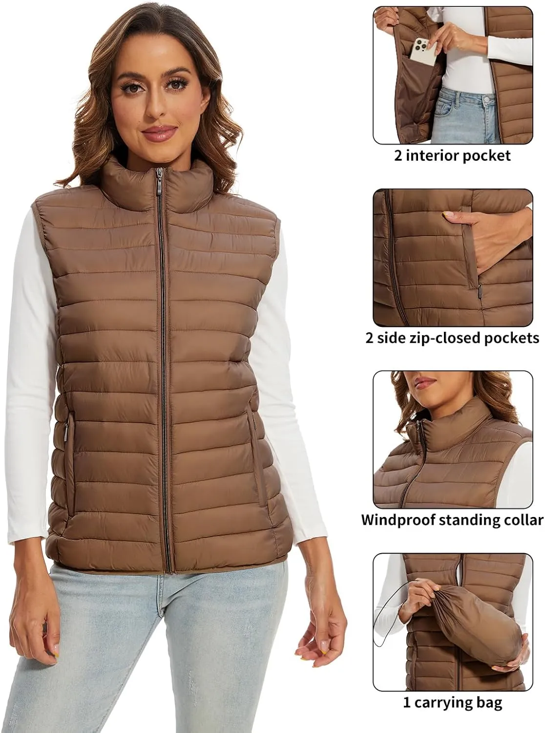 Women's Lightweight Water-Resistant Packable Puffer Vest Sleeveless Quilted Puffer Vest Outerwear