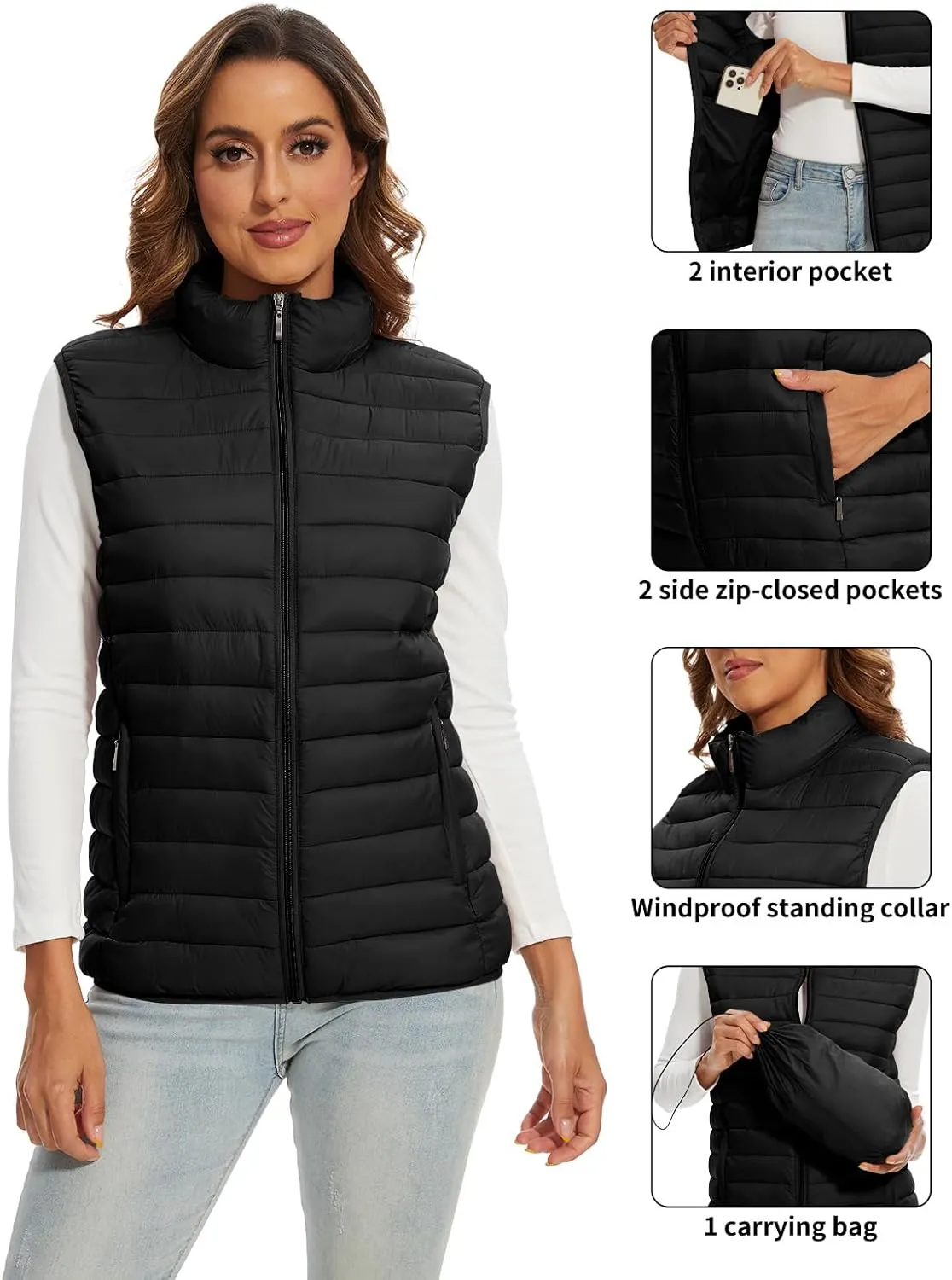 Women's Lightweight Water-Resistant Packable Puffer Vest Sleeveless Quilted Puffer Vest Outerwear