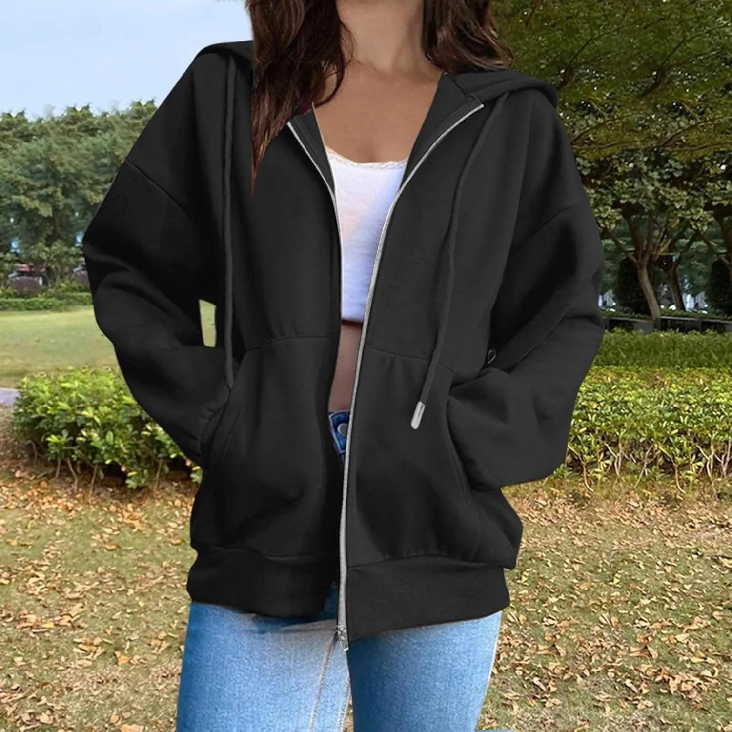 Womens Long Sleeve Oversized Zip Up Hoodies Sweatshirts Y2K Jacket Pockets Patchwork Design T-Shirt Hoodie for Women