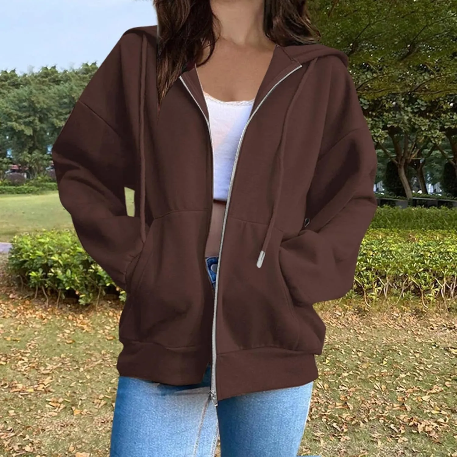 Womens Long Sleeve Oversized Zip Up Hoodies Sweatshirts Y2K Jacket Pockets Patchwork Design T-Shirt Hoodie for Women