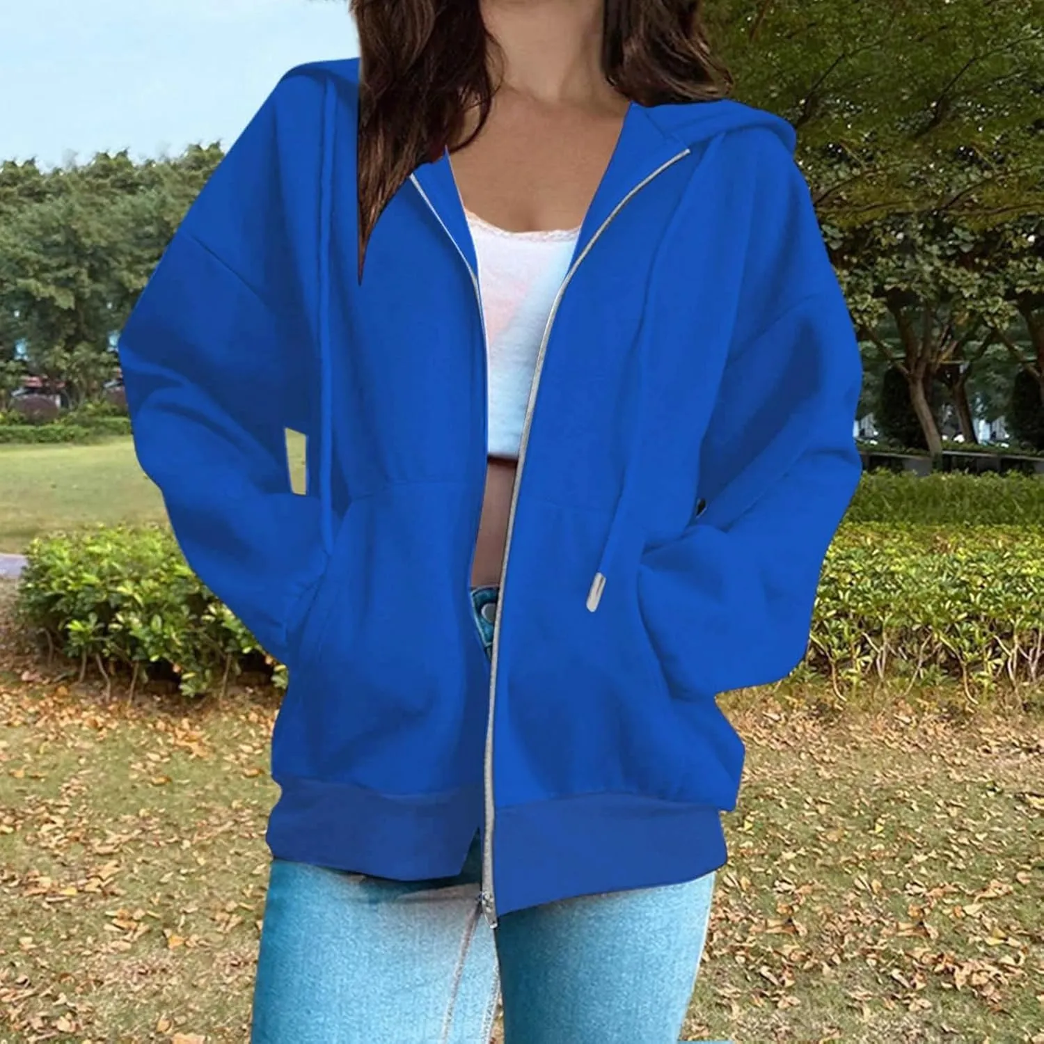 Womens Long Sleeve Oversized Zip Up Hoodies Sweatshirts Y2K Jacket Pockets Patchwork Design T-Shirt Hoodie for Women