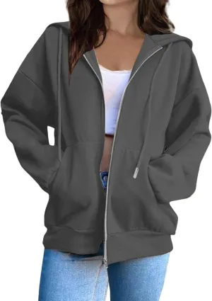 Womens Long Sleeve Oversized Zip Up Hoodies Sweatshirts Y2K Jacket Pockets Patchwork Design T-Shirt Hoodie for Women