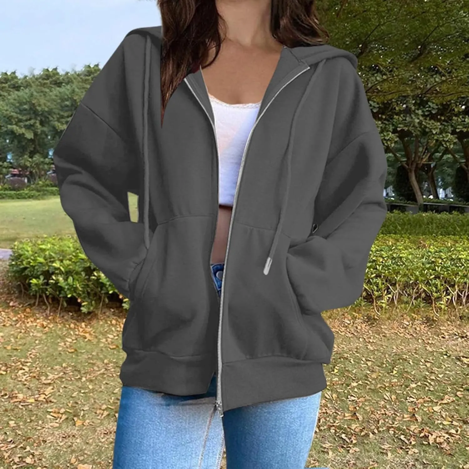 Womens Long Sleeve Oversized Zip Up Hoodies Sweatshirts Y2K Jacket Pockets Patchwork Design T-Shirt Hoodie for Women