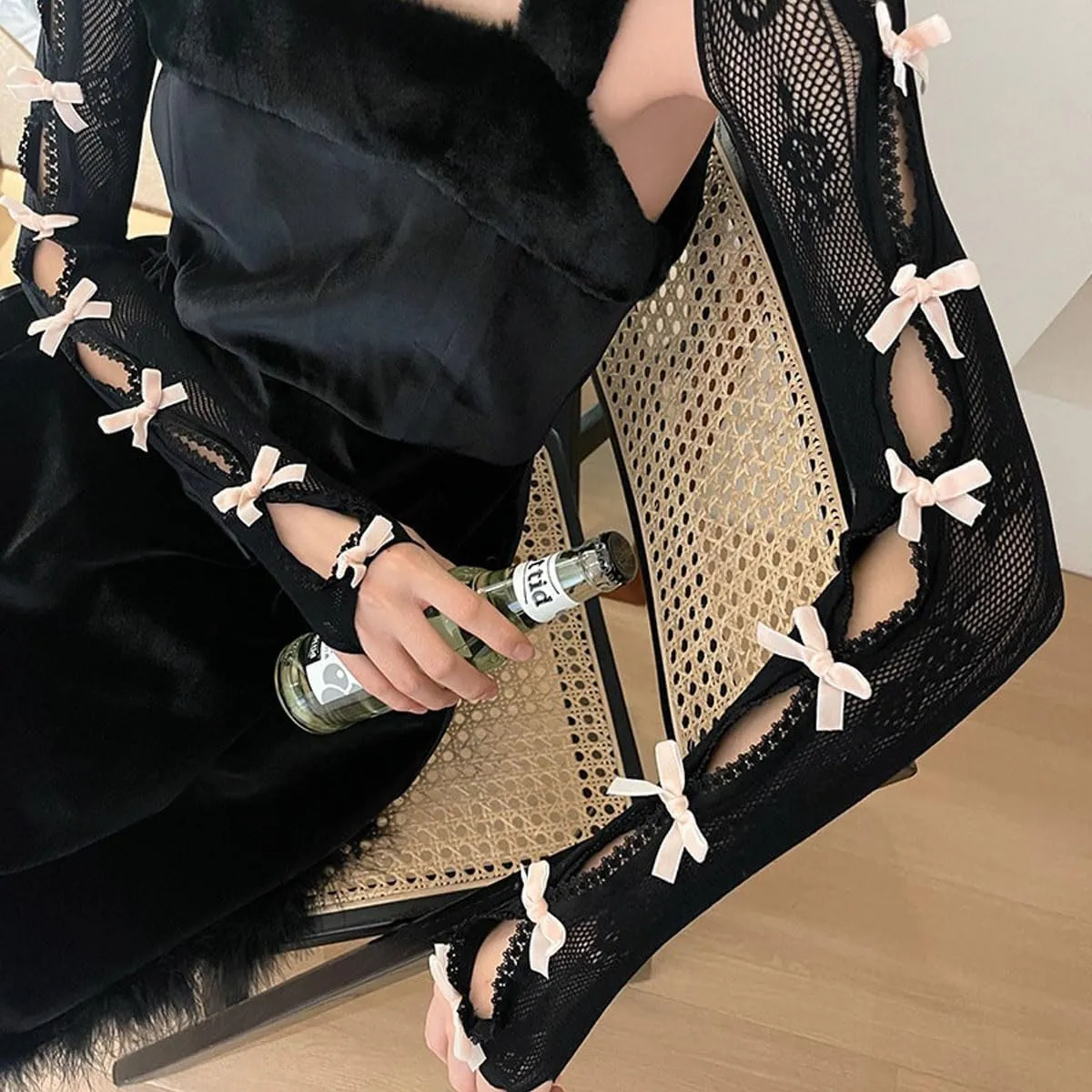 Women's Mesh Lace Shrug Crop Top Y2K Aesthetic Grunge Arm Sleeves Cardigan with Bow Going Out Shirts Summer