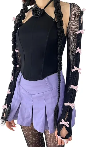 Women's Mesh Lace Shrug Crop Top Y2K Aesthetic Grunge Arm Sleeves Cardigan with Bow Going Out Shirts Summer