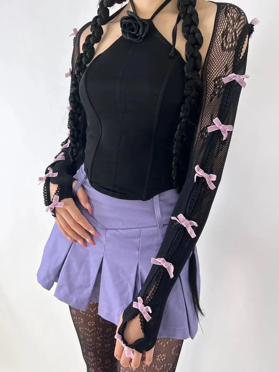 Women's Mesh Lace Shrug Crop Top Y2K Aesthetic Grunge Arm Sleeves Cardigan with Bow Going Out Shirts Summer