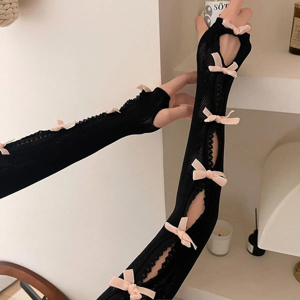 Women's Mesh Lace Shrug Crop Top Y2K Aesthetic Grunge Arm Sleeves Cardigan with Bow Going Out Shirts Summer
