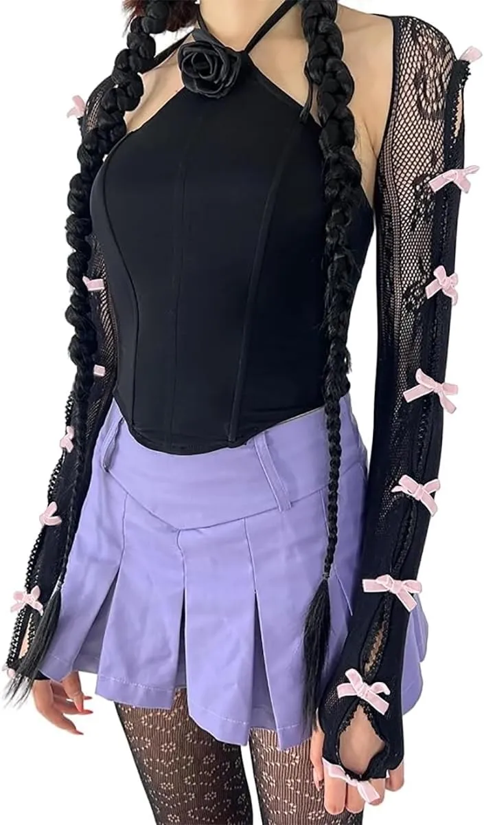 Women's Mesh Lace Shrug Crop Top Y2K Aesthetic Grunge Arm Sleeves Cardigan with Bow Going Out Shirts Summer