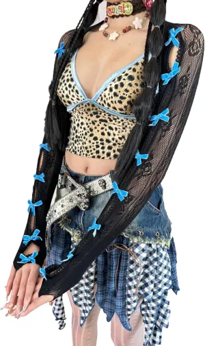 Women's Mesh Lace Shrug Crop Top Y2K Aesthetic Grunge Arm Sleeves Cardigan with Bow Going Out Shirts Summer
