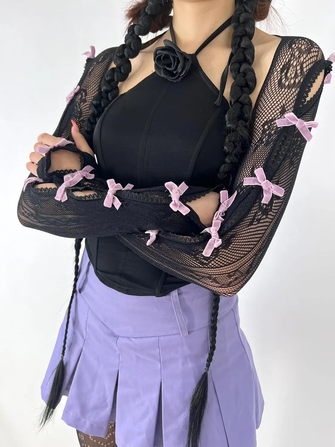 Women's Mesh Lace Shrug Crop Top Y2K Aesthetic Grunge Arm Sleeves Cardigan with Bow Going Out Shirts Summer