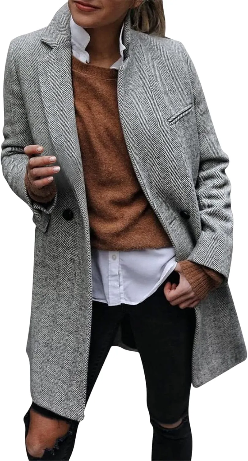 Women's Notch Lapel Double Breasted Trench Coat Peacoat Winter Casual Long Blazer Jacket Overcoat
