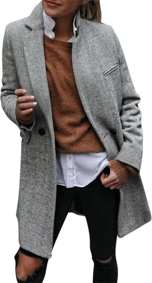 Women's Notch Lapel Double Breasted Trench Coat Peacoat Winter Casual Long Blazer Jacket Overcoat