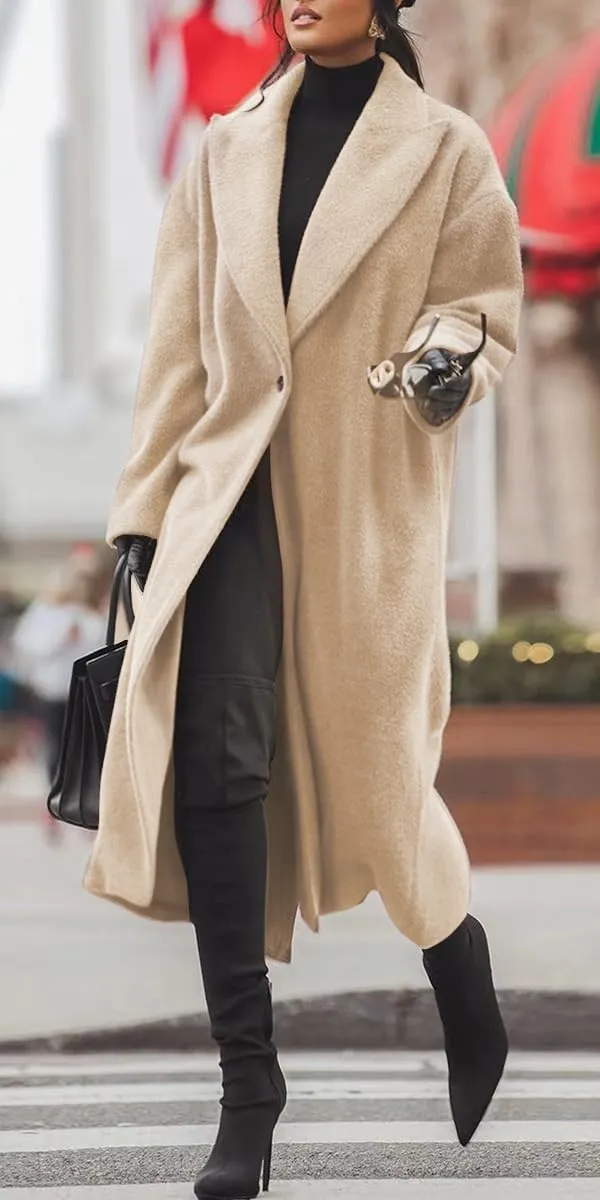 Women's Notch Lapel Single Breasted Pea Coats Wool Blend Maxi Trench Coat Long Sleeve Open Front Overcoat Jacket