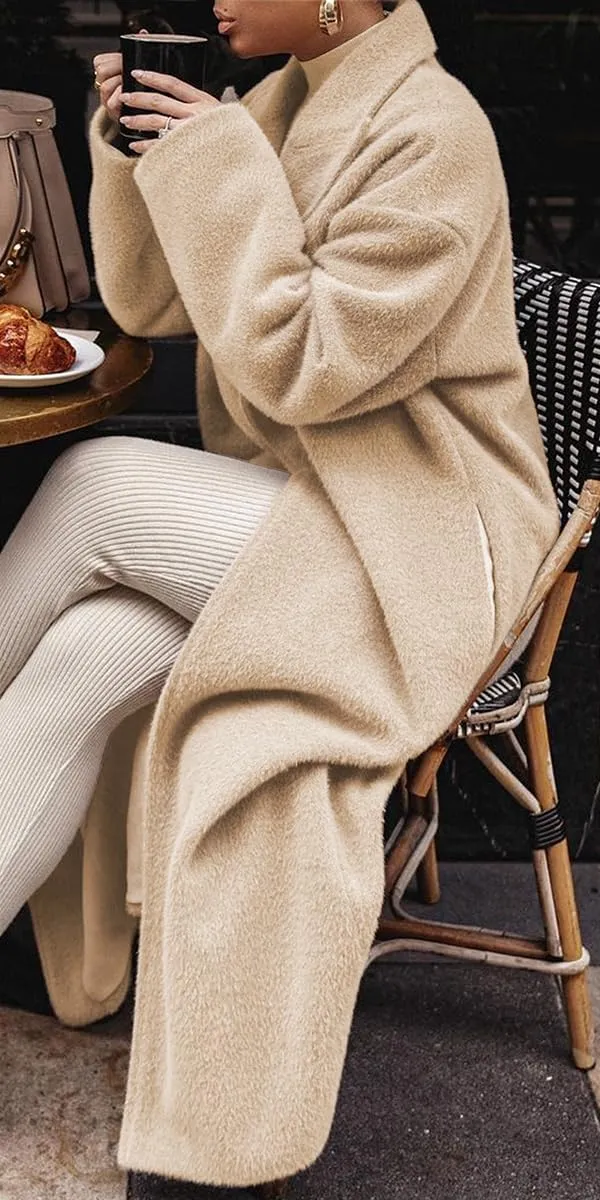 Women's Notch Lapel Single Breasted Pea Coats Wool Blend Maxi Trench Coat Long Sleeve Open Front Overcoat Jacket
