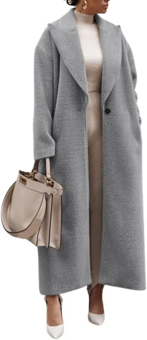 Women's Notch Lapel Single Breasted Pea Coats Wool Blend Maxi Trench Coat Long Sleeve Open Front Overcoat Jacket