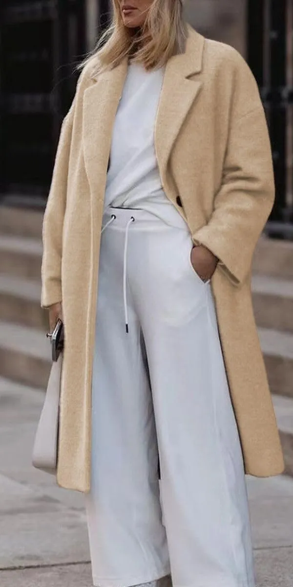 Women's Notch Lapel Single Breasted Pea Coats Wool Blend Maxi Trench Coat Long Sleeve Open Front Overcoat Jacket