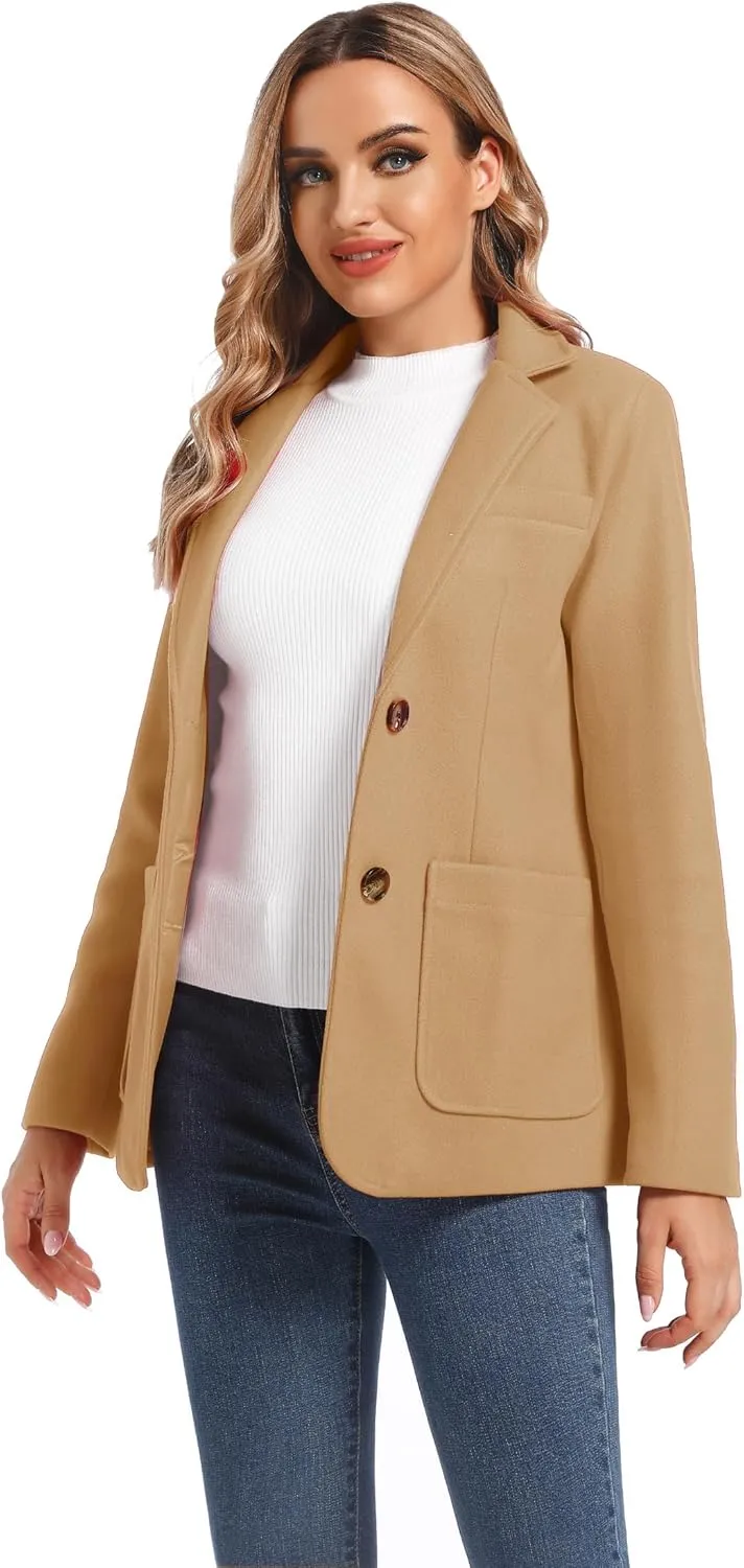 Women's Notch Lapel Two Button Wool Blend Blazer Suit Jacket