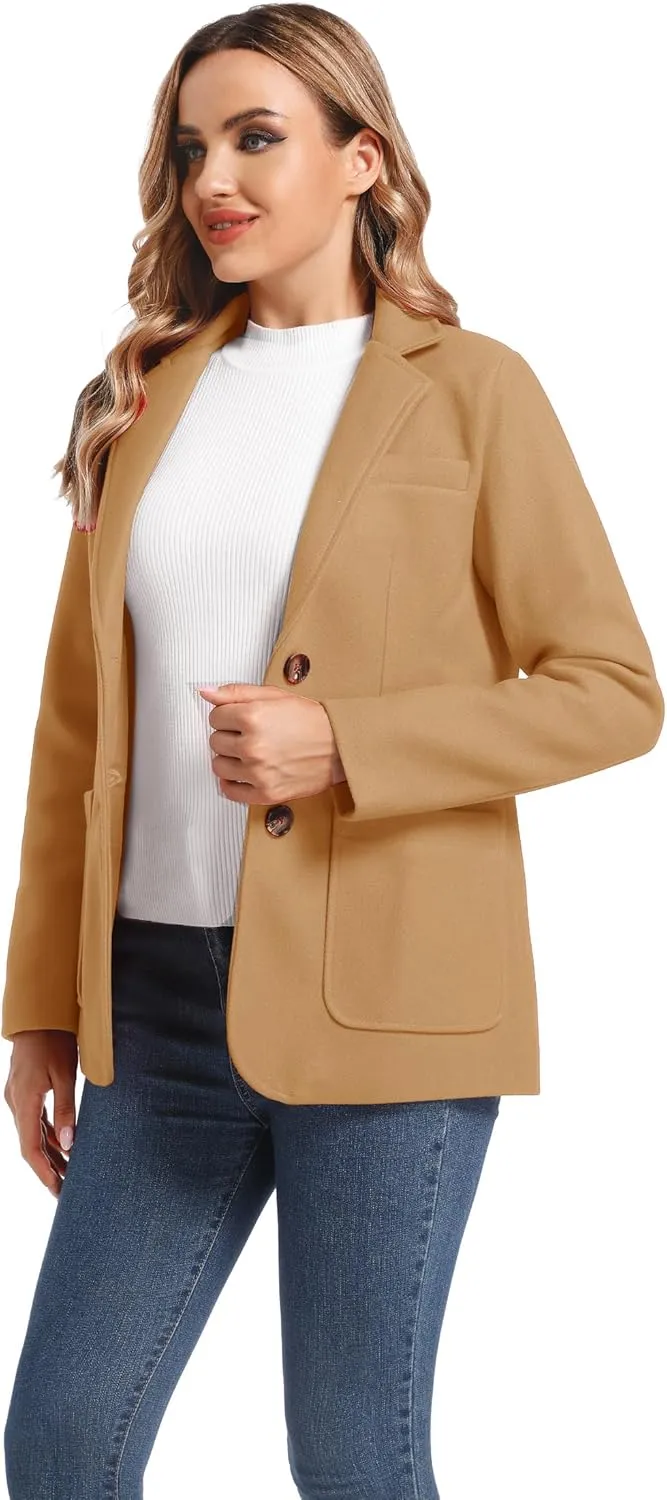 Women's Notch Lapel Two Button Wool Blend Blazer Suit Jacket
