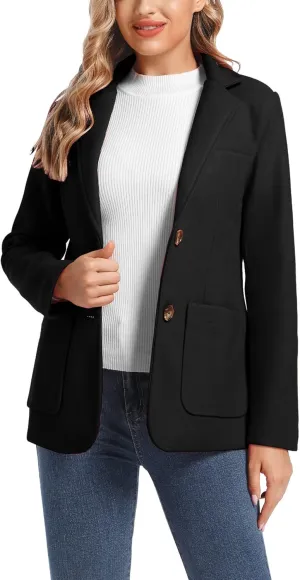 Women's Notch Lapel Two Button Wool Blend Blazer Suit Jacket