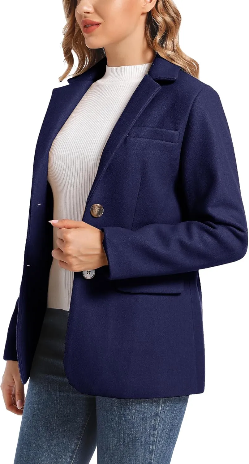Women's Notch Lapel Two Button Wool Blend Blazer Suit Jacket