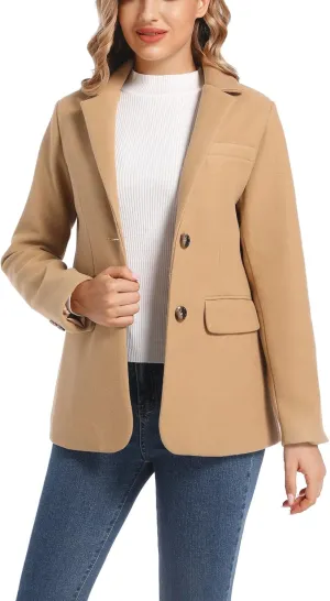 Women's Notch Lapel Two Button Wool Blend Blazer Suit Jacket