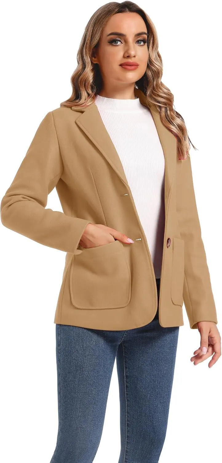 Women's Notch Lapel Two Button Wool Blend Blazer Suit Jacket