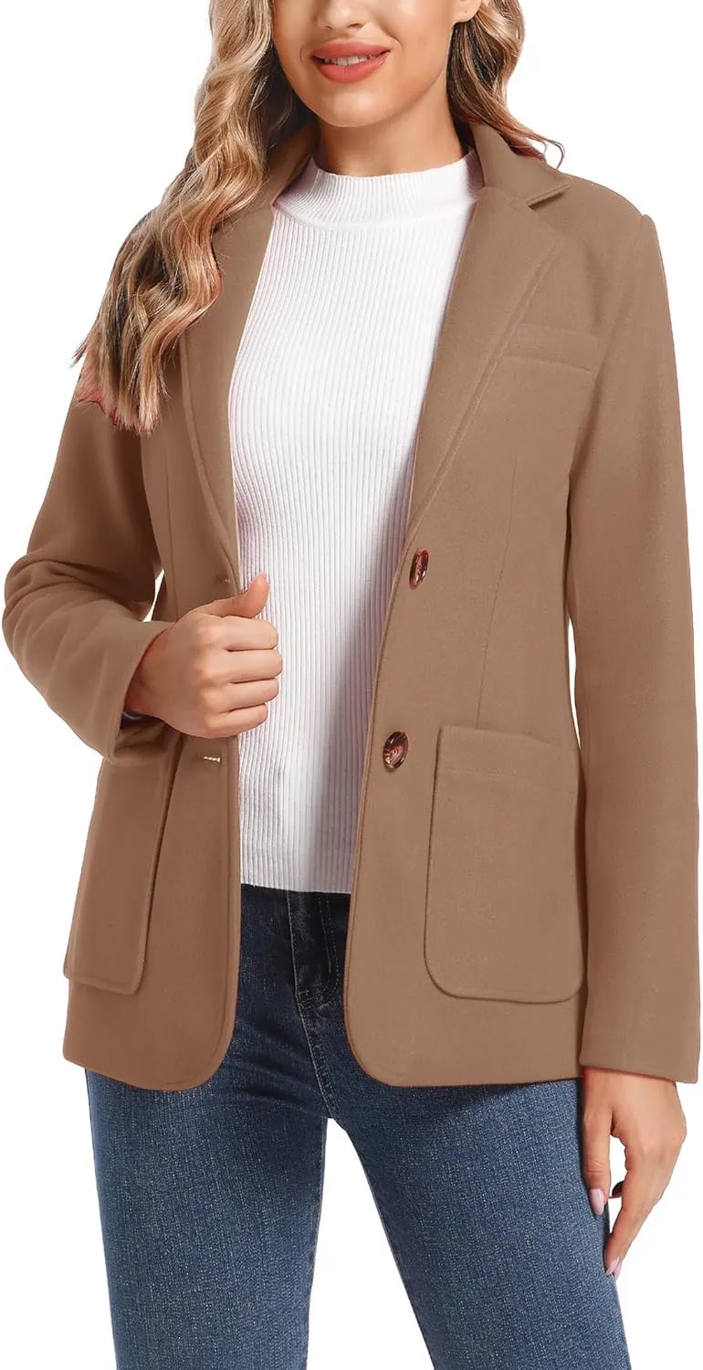 Women's Notch Lapel Two Button Wool Blend Blazer Suit Jacket