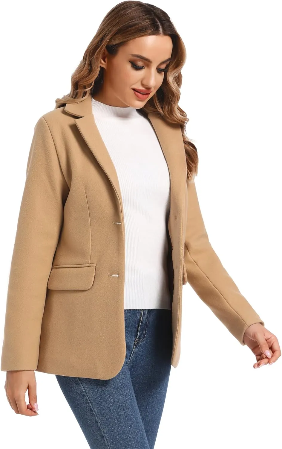 Women's Notch Lapel Two Button Wool Blend Blazer Suit Jacket