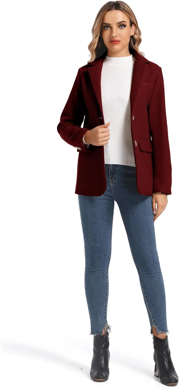 Women's Notch Lapel Two Button Wool Blend Blazer Suit Jacket