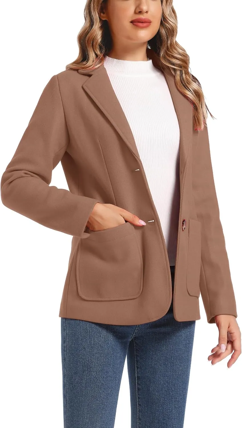 Women's Notch Lapel Two Button Wool Blend Blazer Suit Jacket