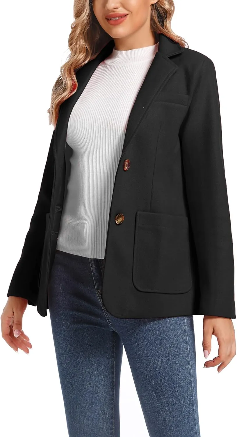 Women's Notch Lapel Two Button Wool Blend Blazer Suit Jacket