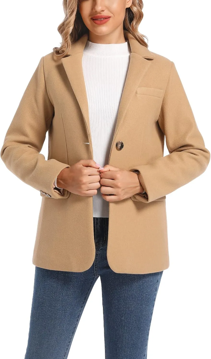 Women's Notch Lapel Two Button Wool Blend Blazer Suit Jacket