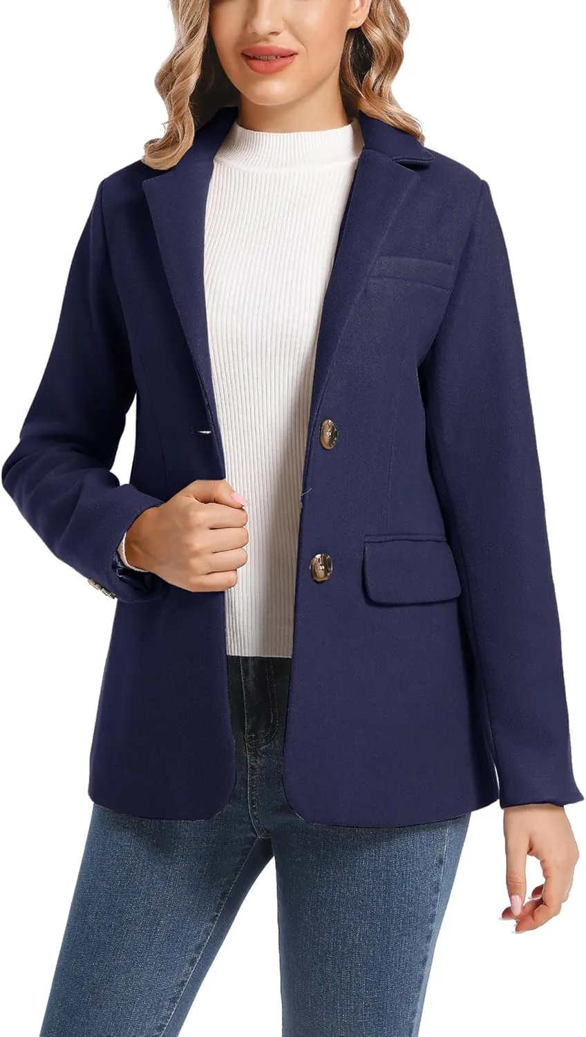 Women's Notch Lapel Two Button Wool Blend Blazer Suit Jacket