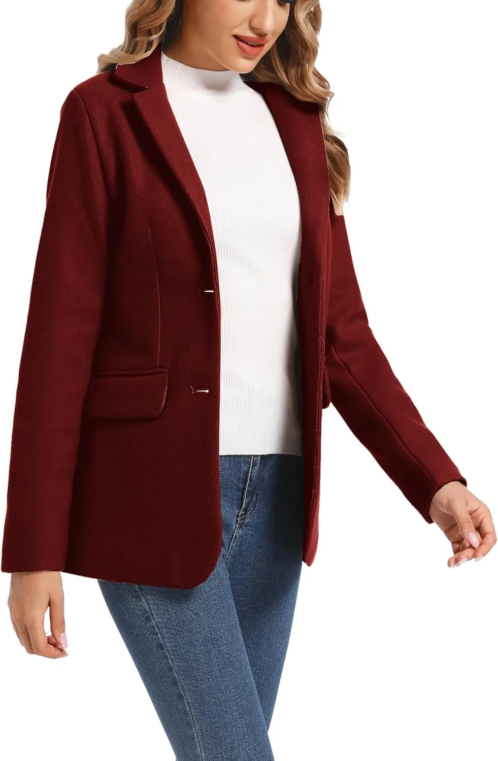 Women's Notch Lapel Two Button Wool Blend Blazer Suit Jacket