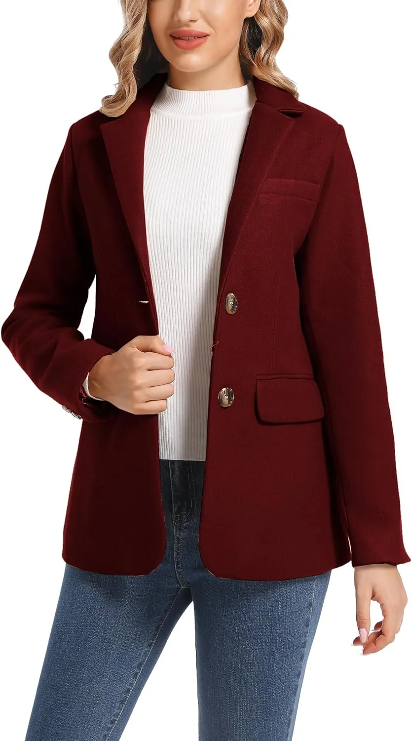 Women's Notch Lapel Two Button Wool Blend Blazer Suit Jacket