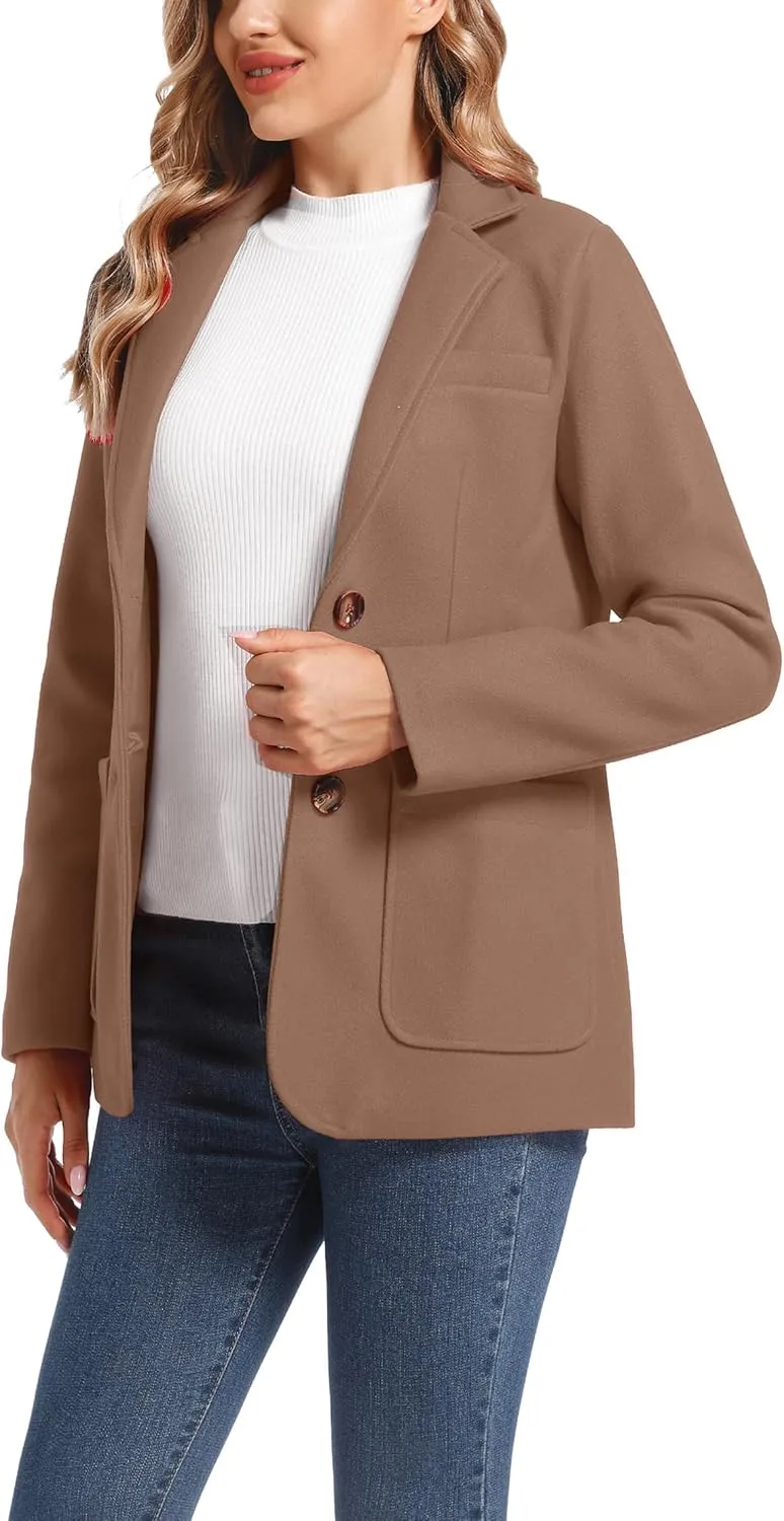 Women's Notch Lapel Two Button Wool Blend Blazer Suit Jacket