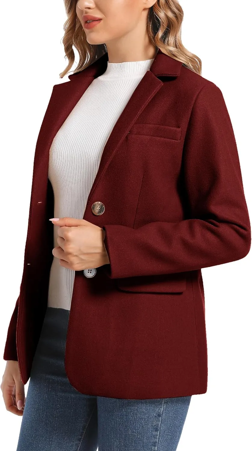 Women's Notch Lapel Two Button Wool Blend Blazer Suit Jacket