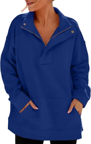 Women's Oversized Quarter Zip Sweatshirts Casual Sports Half-zip Long Sleeve Pullover Tops Solid Color Sweatshirt