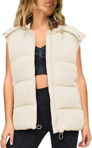 Women's Puffer Hooded Vest Quilted Padded Sleeveless Down Jacket Gilet with Pockets