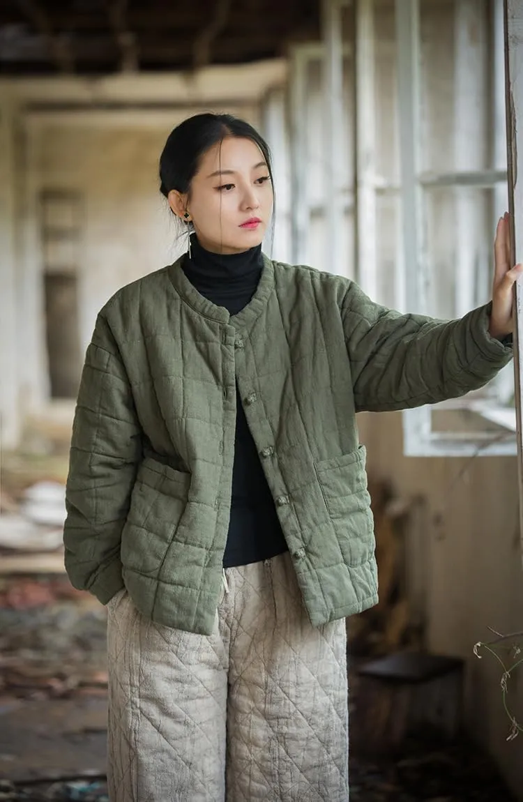 Women's Quilted Lightweight Jacket Long-Sleeve Padded Coats Button Down Chinese Style Tang Suit Outerwear