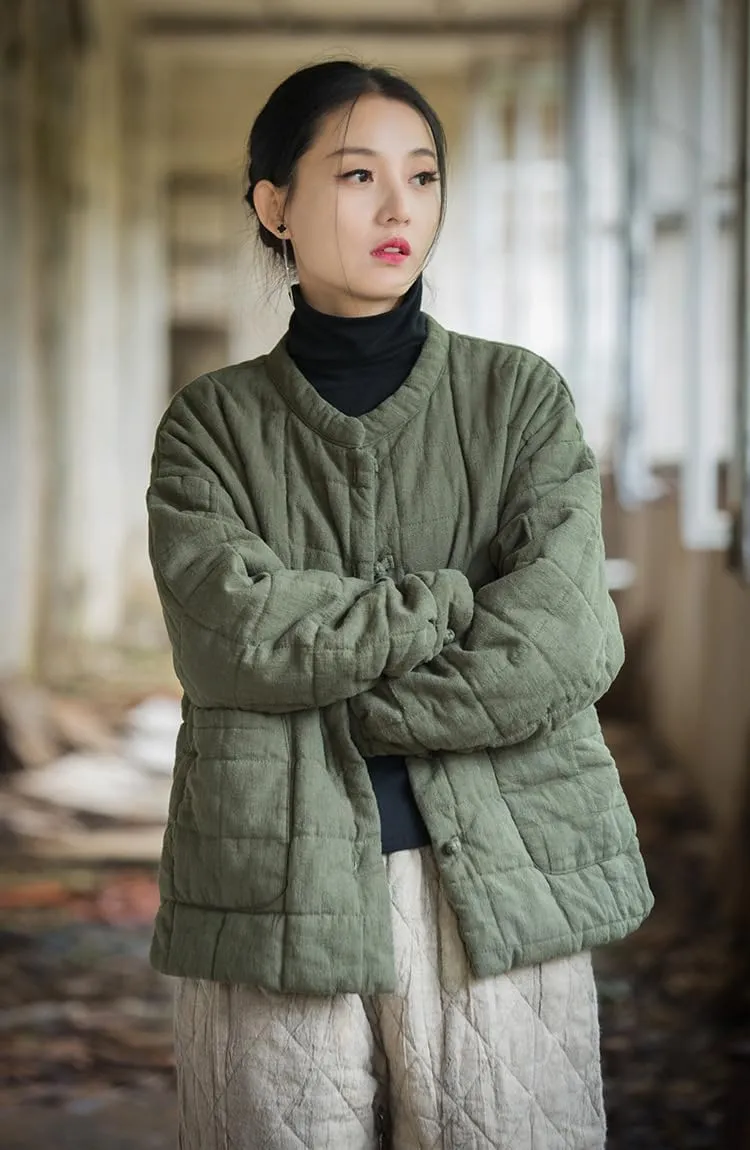 Women's Quilted Lightweight Jacket Long-Sleeve Padded Coats Button Down Chinese Style Tang Suit Outerwear