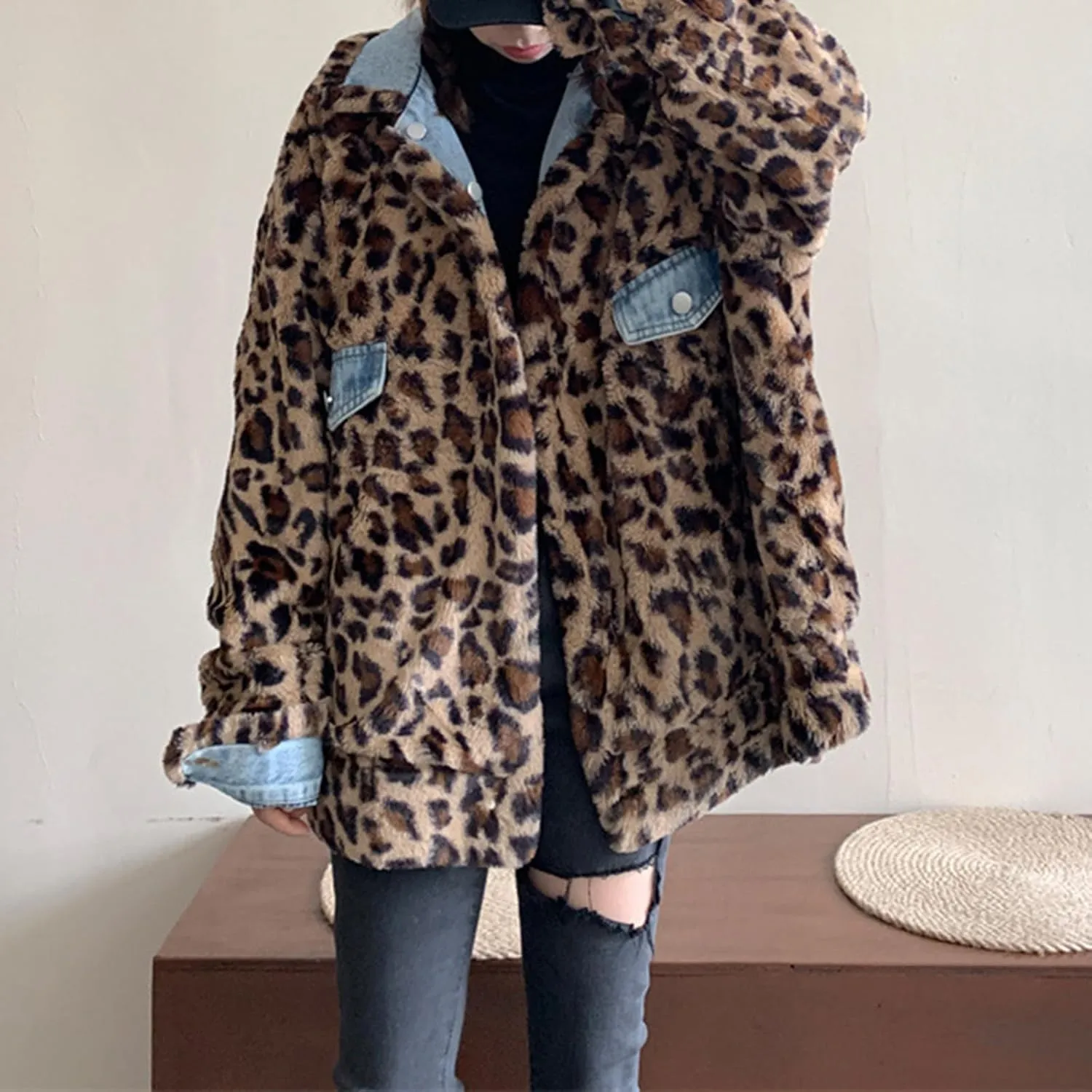 Women's Reversible Sherpa Jean Jacket Leopard Print Oversized Warm Fuzzy Fleece Jackets Outerwear