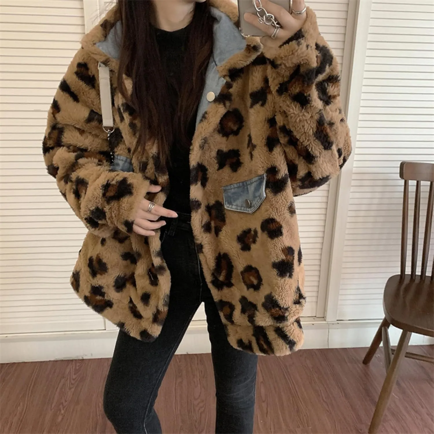 Women's Reversible Sherpa Jean Jacket Leopard Print Oversized Warm Fuzzy Fleece Jackets Outerwear