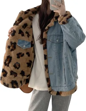 Women's Reversible Sherpa Jean Jacket Leopard Print Oversized Warm Fuzzy Fleece Jackets Outerwear