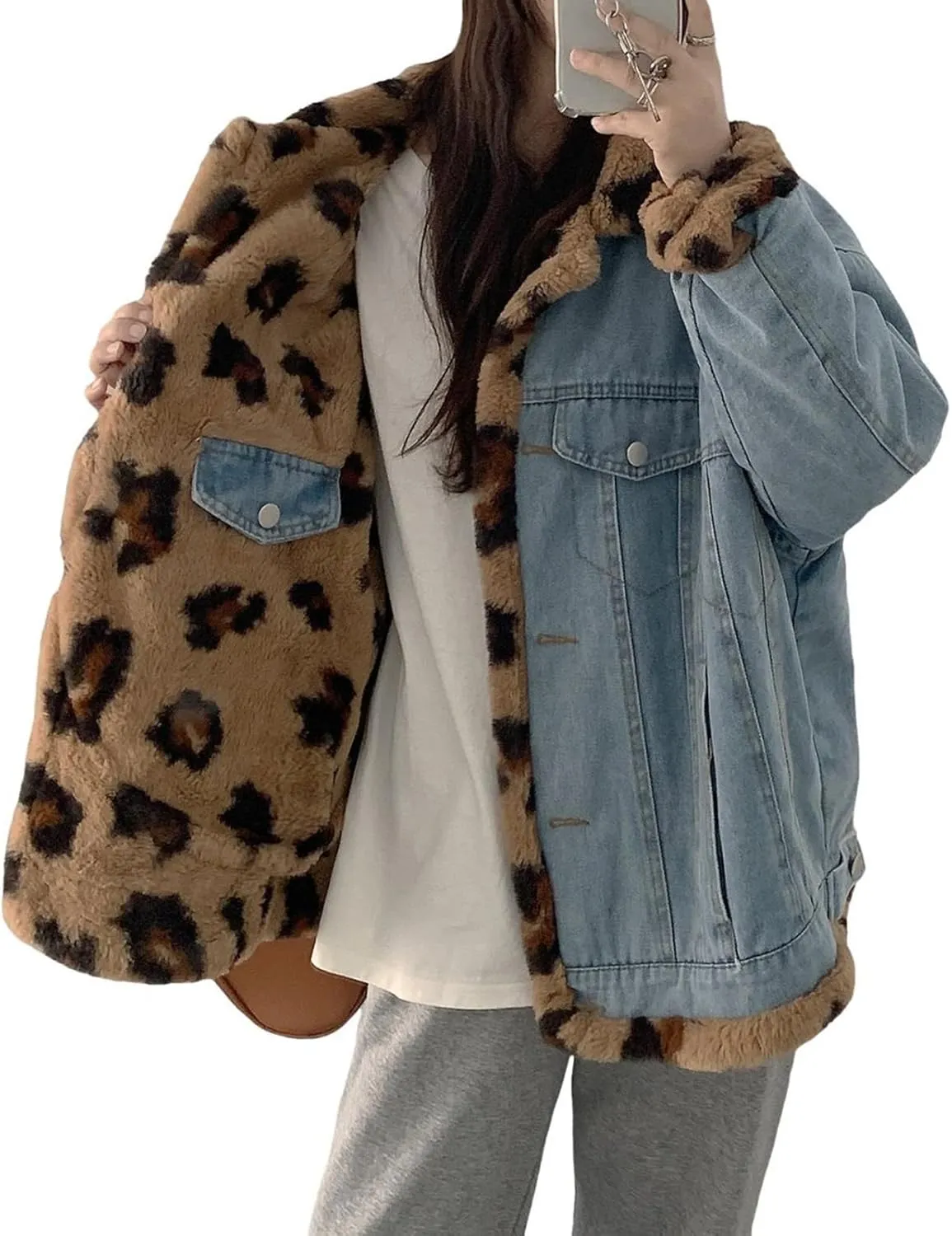 Women's Reversible Sherpa Jean Jacket Leopard Print Oversized Warm Fuzzy Fleece Jackets Outerwear